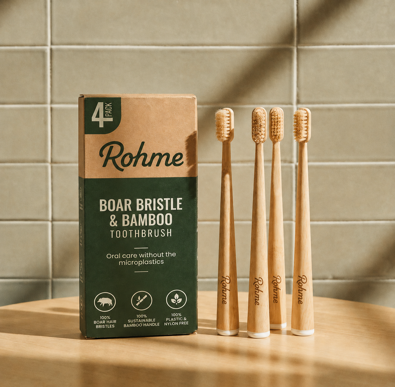 Rohme Boar Bristle & Bamboo Toothbrush (4 Pack)